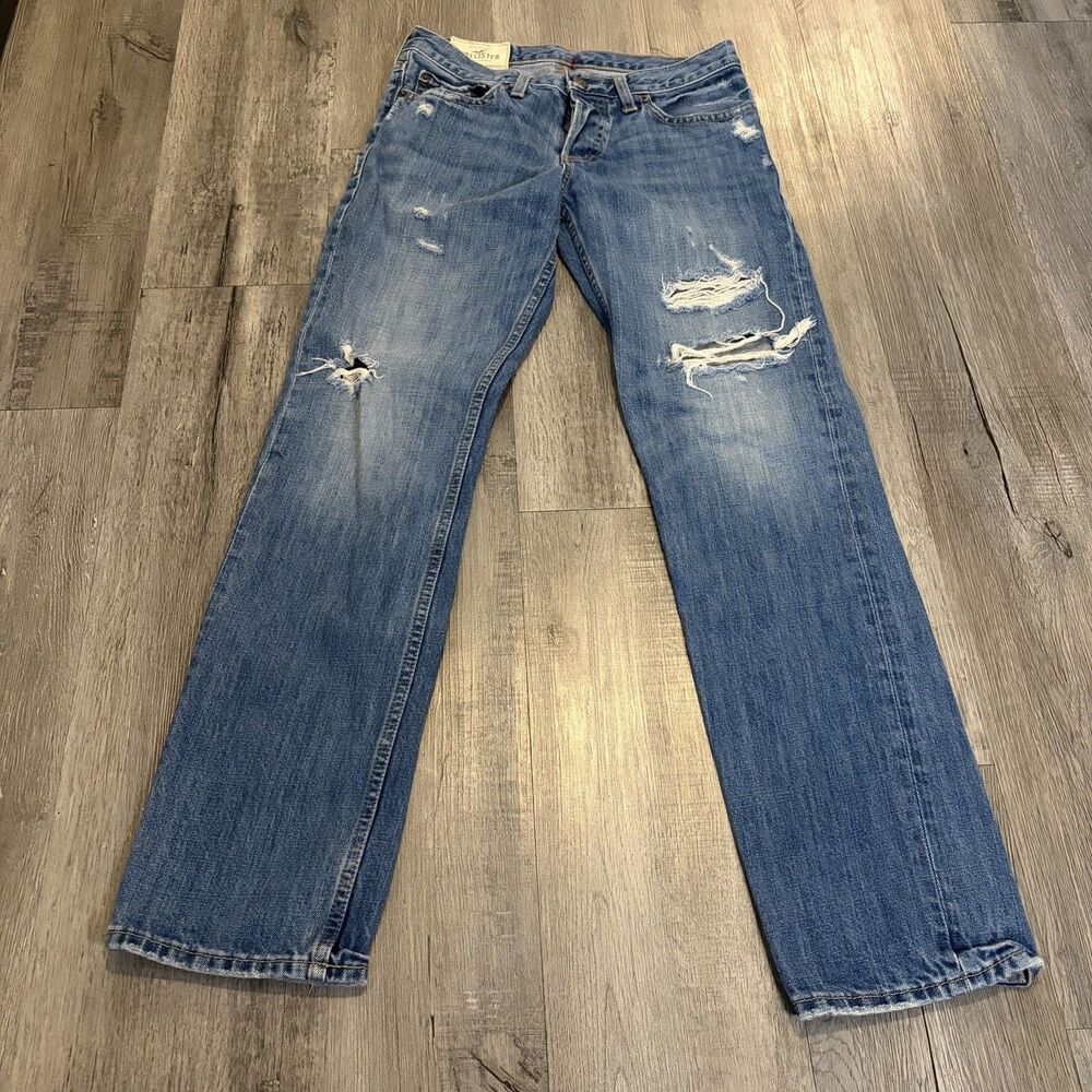 Hollister Slim Straight Jeans Mens 28 X 30 Blue Ripped Distressed Stretch Denim